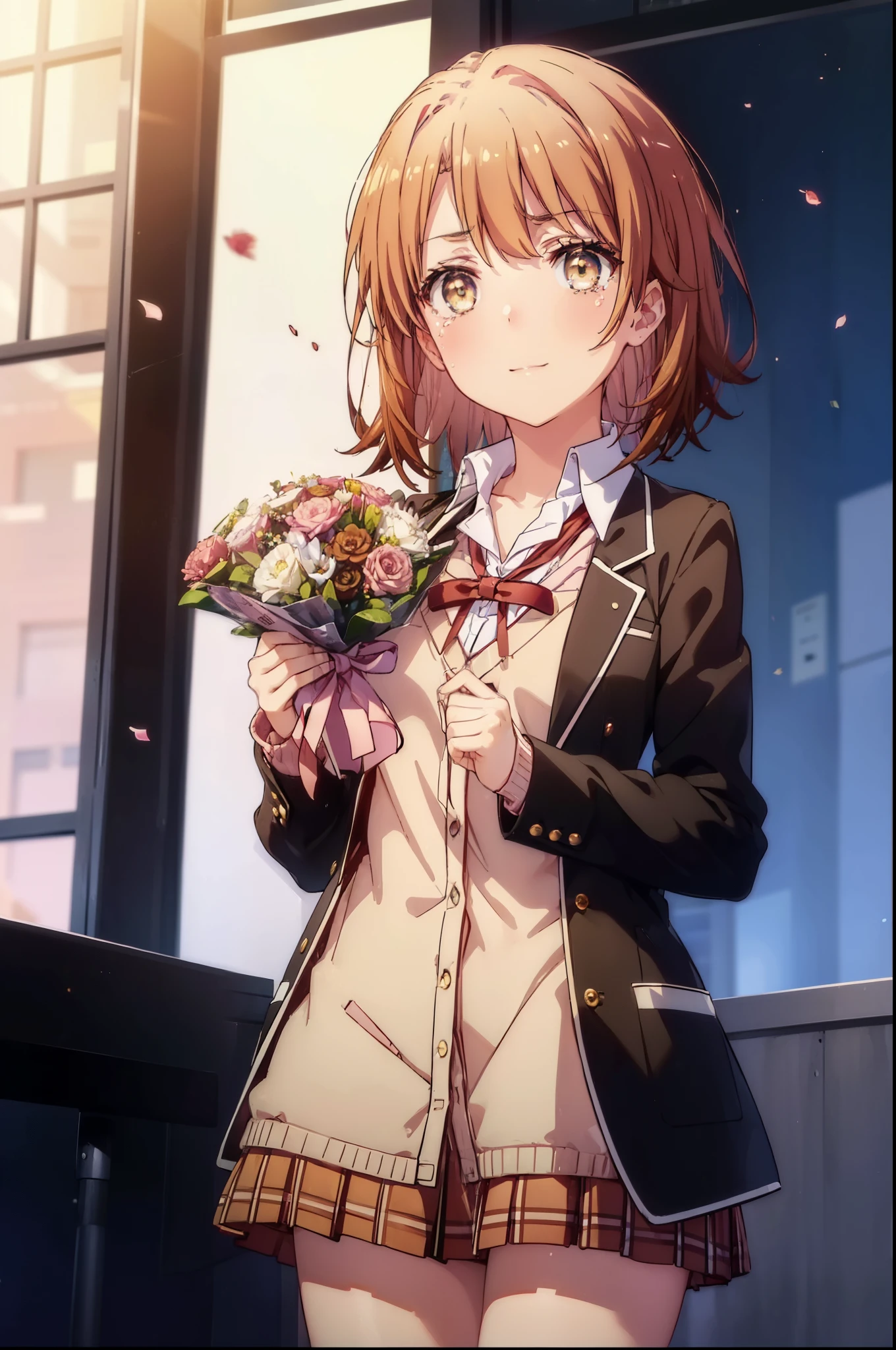 irohaisshiki, Isshiki Iroha, short hair, brown hair, (Brown ruby eyes:1.5), smile,blush,Tears running down her face,Tears of joy、I cry a lot、break skirt, shirt, ribbon, , Jacket, white shirt, open clothes, socks, open Jacket, black Jacket, plaid, knee high, plaid skirt, blazer, cardigan, black socks, pink cardigan,Holding a large bouquet in both hands ,birthday,A birthday cake is on the table,confetti,evening,sunset,The sun is setting,
break indoors,School classroom ,
break looking at viewer,Upper body,(cowboy shot:1. 3)
break (masterpiece:1.2), highest quality, High resolution, unity 8k wallpaper, (shape:0.8), (beautiful and detailed eyes:1.6), highly detailed face, perfect lighting, Very detailed CG, (perfect hands, perfect anatomy),