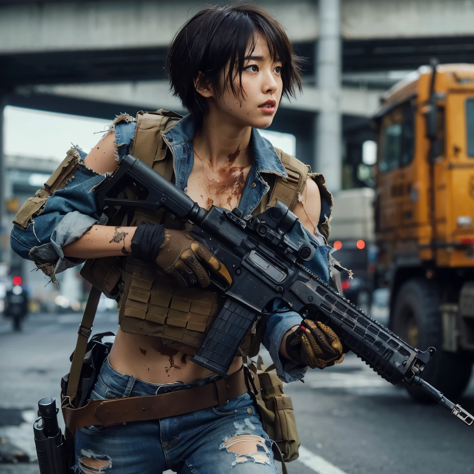 ８K,realistic pictures、realistic skin texture、Beautiful Japanese women living in America、short hair、Large intersection、Dirty and torn shirt and jeans、Red Wing Boots、bulletproof vest、automatic rifle、short cut hair、Urban Warfare、involved in an incident、Counterattack begins、this is dirty、Moving action pose、、Dramatic and bold composition、Half body、logic、Zoom out、fiction、bird&#39;Diagonal view、Please print at least 4 copies。