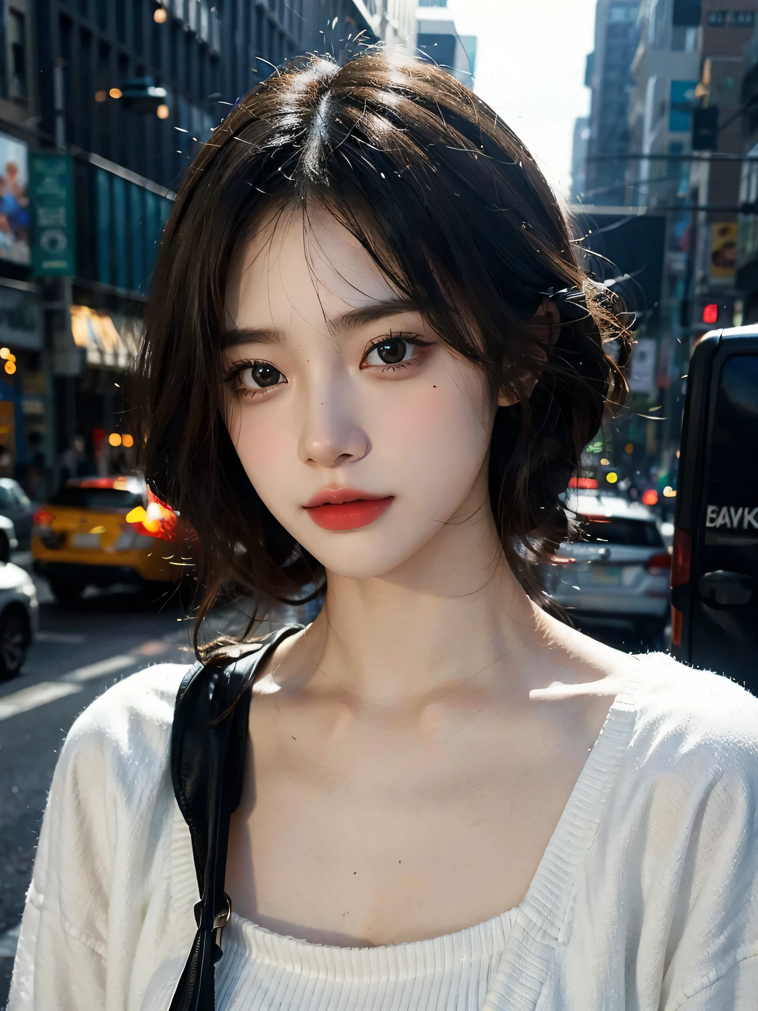 1girl, (looking at viewer:1.2), detail face, (a girl standing, rending on cgsociety, black shadows, streaming, new york backdrop), romanticism, atmospheric, (RAW photo, best quality), (realistic, photo-realistic:1.3), masterpiece, an extremely delicate and beautiful, extremely detailed,