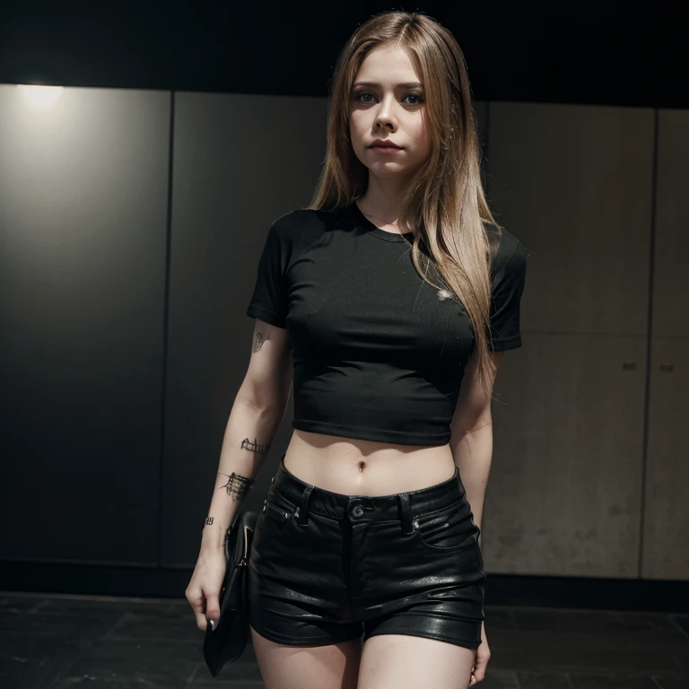 Avril Lavigne dressed in a black shirt and tight black shorts