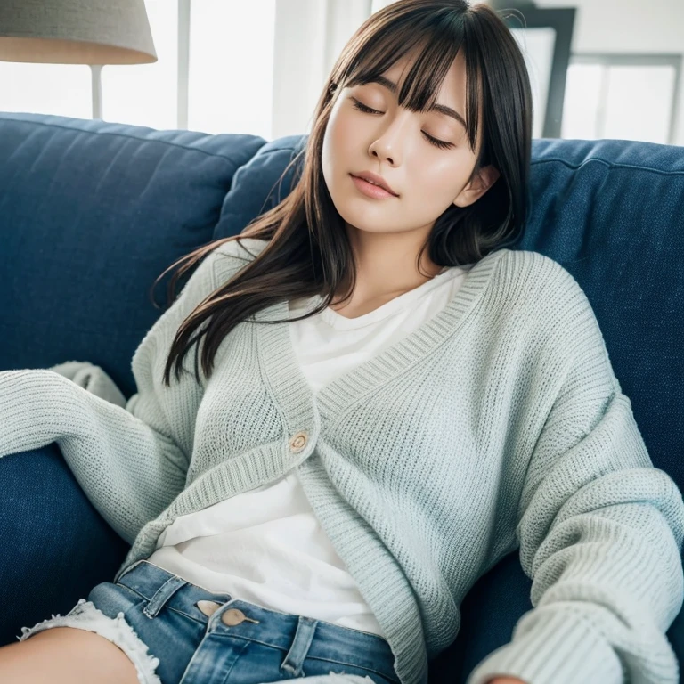 The face of a beautiful young Japanese woman sleeping happily on a blue sofa wearing a navy blue sweater and white shorts. Focal length 100mmf/2.8, spring day, sunny, living room on the upper floor of a high-rise apartment, ideal light source, well-shaped face, closed eyes, toned body, close-up of facial expression, sense of presence, 8K image quality, highest quality.