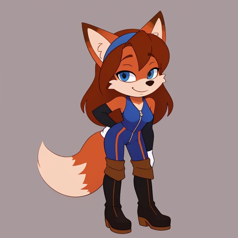Female, Mobian, raccoon, smile, small breasts, wearing red vest, wearing black shorts, has thick thighs, sitting down and doing a pin up pose,