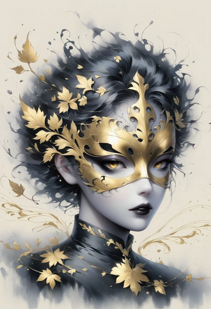(gold leaf art:1.5)，(Metallic luster:1.45)，Minimalism，(line art:1.6)，sketch，Charcoal drawing，Gold Foil Mask，flower,goth girl，Smoky makeup，Illustration in surreal art style，surreal dream，Dubrec style,Gothic Dark Art，