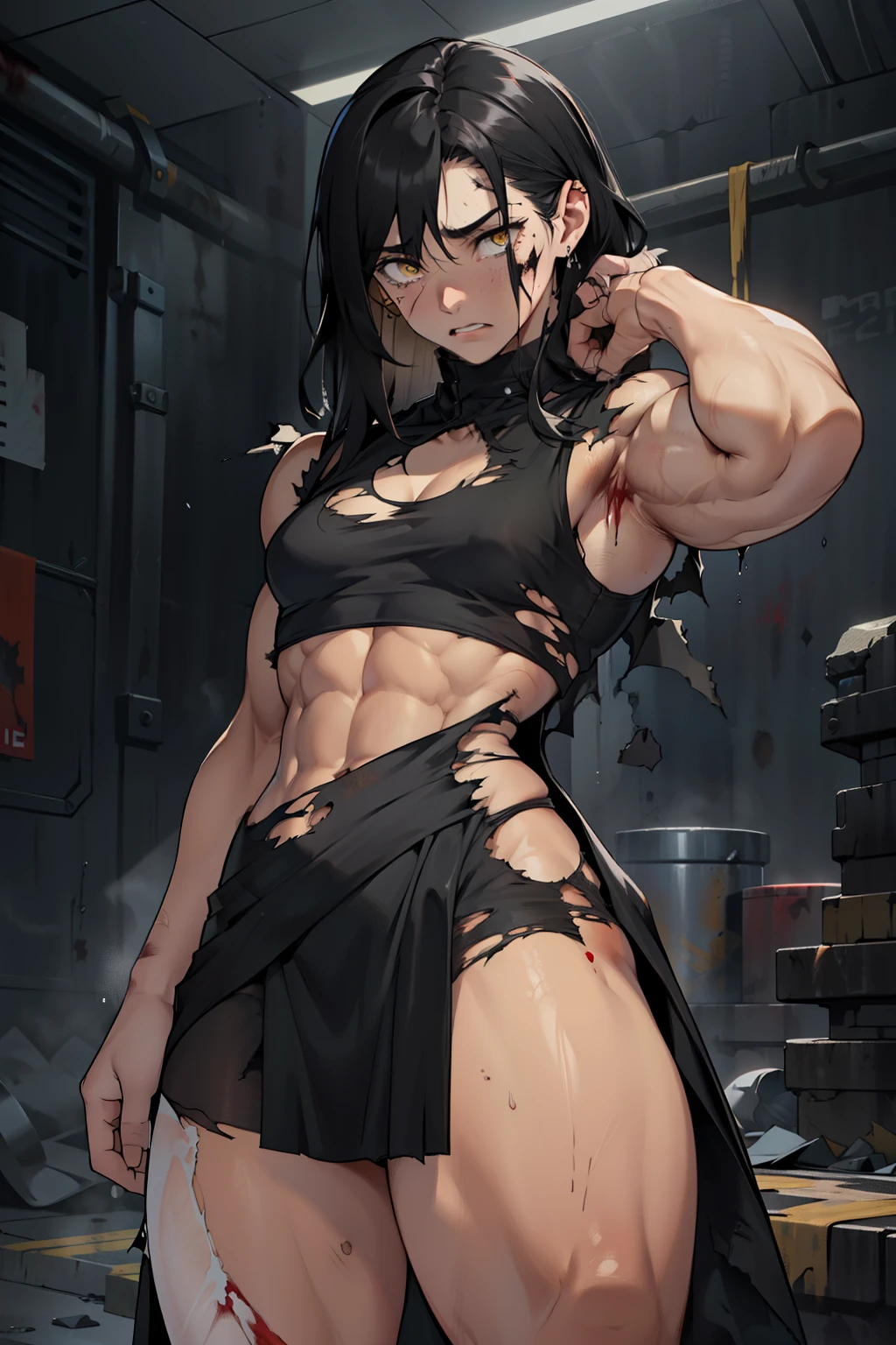pale skin black hair yellow eyes, solo, (((small breasts))), navel, abs, long hair, midriff, ((torn clothes)), bruised, bruises, ((bleeding)), ((bruise)), (tears), crying, (tan), from behind, (((((muscular))))), (((((thick thighs))))), (((black dress)))