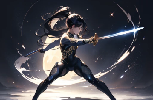 (((Girl fighting with one-handed sword))), fighting pose, Uplifting, (highest quality), (masterpiece) perfect style, ((A beautiful body that is partly mechanical)), (((Thin see-through bodysuit, Golden pattern))), full body, looking at the camera, long flowing black hair, ponytail, Long black hair dancing in the wind, beautiful detailed eyes, pale hue, Precise as a photo, A full moon in a starry sky, pale hue, monochrome, nsfw