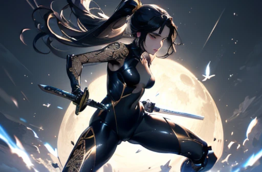 (((Girl fighting with one-handed sword))), fighting pose, Uplifting, (highest quality), (masterpiece) perfect style, ((A beautiful body that is partly mechanical)), (((Thin see-through bodysuit, Golden pattern))), full body, looking at the camera, long flowing black hair, ponytail, Long black hair dancing in the wind, beautiful detailed eyes, pale hue, Precise as a photo, A full moon in a starry sky, pale hue, monochrome, nsfw