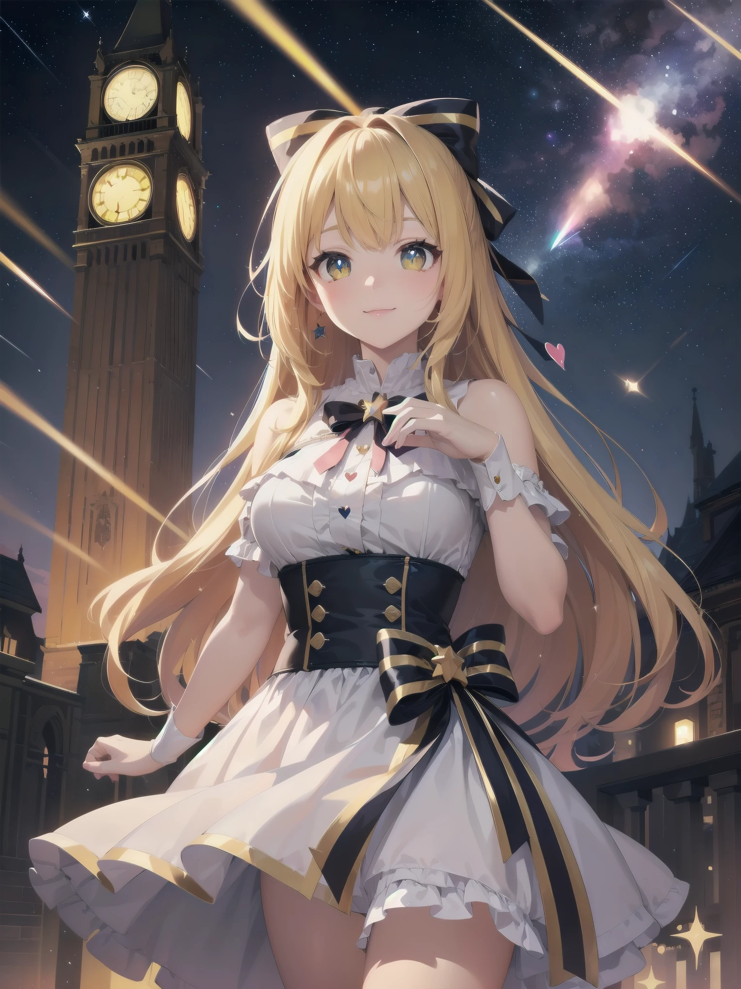 absurdres extremely detailed CG,high resolution,(best quality:1.3),(best masterpiece:1.3),super fine illustration,vibrant colors,official art,8k wallpaper,(looking away:1.3),dynamic depiction,dynamic angle,dynamic pose,depth of field,cinematic lighting,BREAK,(one beautiful girl:1.3),solo,blonde hair,very long hair,shiny hair,Silky hair,yellow eyes,deep detailed eyes,cute eyes,sparkling eyes,(seductive smile:1.3),natural make,BRAKE,((wonderland)),Gothic decoration,((sticker style)),(heart item,star item,ribbon:1.5),(symbolic:1.2), conspicuous,(star glitter and hart glitter:1.5),(kawaii town at night:1.5),(big clock tower:1.2),(Meteor shower,star and hart effect:1.3),