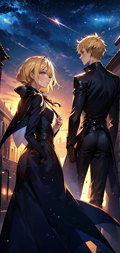 blonde woman,long coat,Rear view,silhouette,starry sky,full moon,