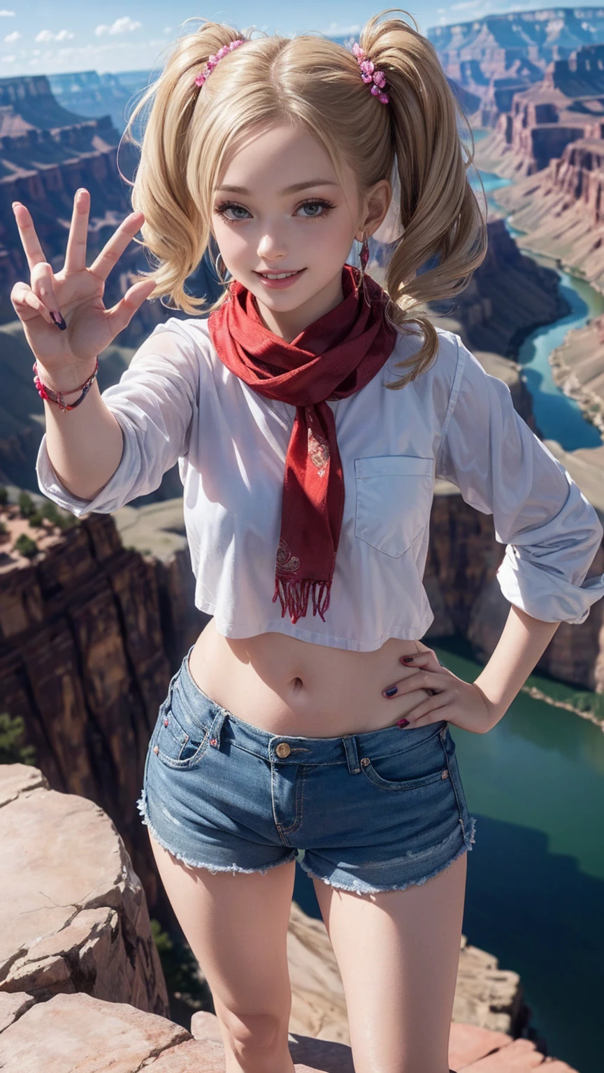 ((最high quality, 8K, masterpiece: 1.3, Ultra HD, high quality, 最high quality, High resolution, realism)) 、25 year old white woman、blue eyes、long hair、smile、slender、slenderだがアスリートのような細マッチョ、I don't want my head to disappear from the screen.、Wear accessories on your wrist、Wearing red nail polish、I have a peticure、aerial perspective((atmospheric perspective))、smile((smiley))、background blur((depth of field)、crystal earrings((crystal earrings))、Dark Blonde、short twin tails((short twintails))、Scarf Tie Blouse((scarf tie brouse))wear、Wear low rise skinny jeans、Wear sneakers、At the edge of the Grand Canyon、Below you can see the river carved into the rocks.、The blue sky is beautiful、put your hands on your hips、selfie、smile