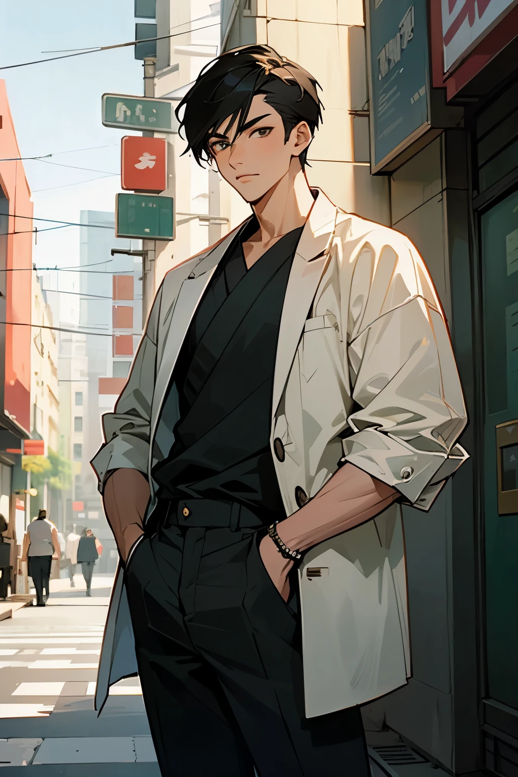 one wearing casual clothes,Modern oriental young handsome face man,Standing on the street of Western retro bricks