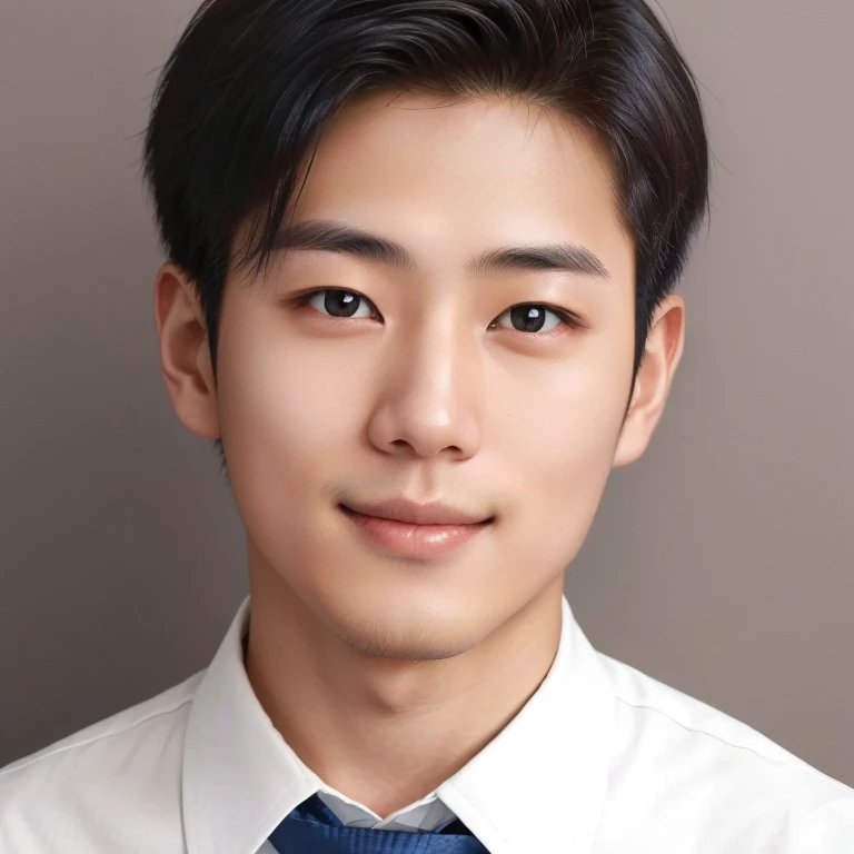 Young Japanese man wearing white shirt and dark blue tie smiling.The corners of the mouth are elongated and slightly raised.Teethless,No double eyelids.The bridge of the nose is thin and straight on both sides.japanese artist,Headshot