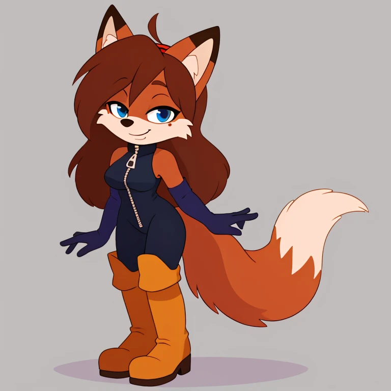 Fiona Fox, solo, cute, long white gloves, breasts, blue eyes, boots, zipper, outline, standing, bangs, full body, brown hair, orange footwear, medium breasts, sleeveless, long hair, looking at viewer, border, white outline, red fur, half-closed eyes, short jumpsuit, elbow gloves, fox tail, two-tone fur, smile, hairband, closed mouth, shiny, flipped hair, gradient, fox ears, bodysuit, bare shoulders, body fur, grey background, knee boots, simple background
