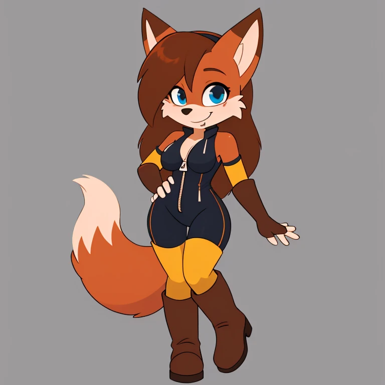 Fiona Fox, solo, cute, long white gloves, breasts, blue eyes, boots, zipper, outline, standing, bangs, full body, brown hair, orange footwear, medium breasts, sleeveless, long hair, looking at viewer, border, white outline, red fur, half-closed eyes, short jumpsuit, elbow gloves, fox tail, two-tone fur, smile, hairband, closed mouth, shiny, flipped hair, gradient, fox ears, bodysuit, bare shoulders, body fur, grey background, knee boots, simple background
