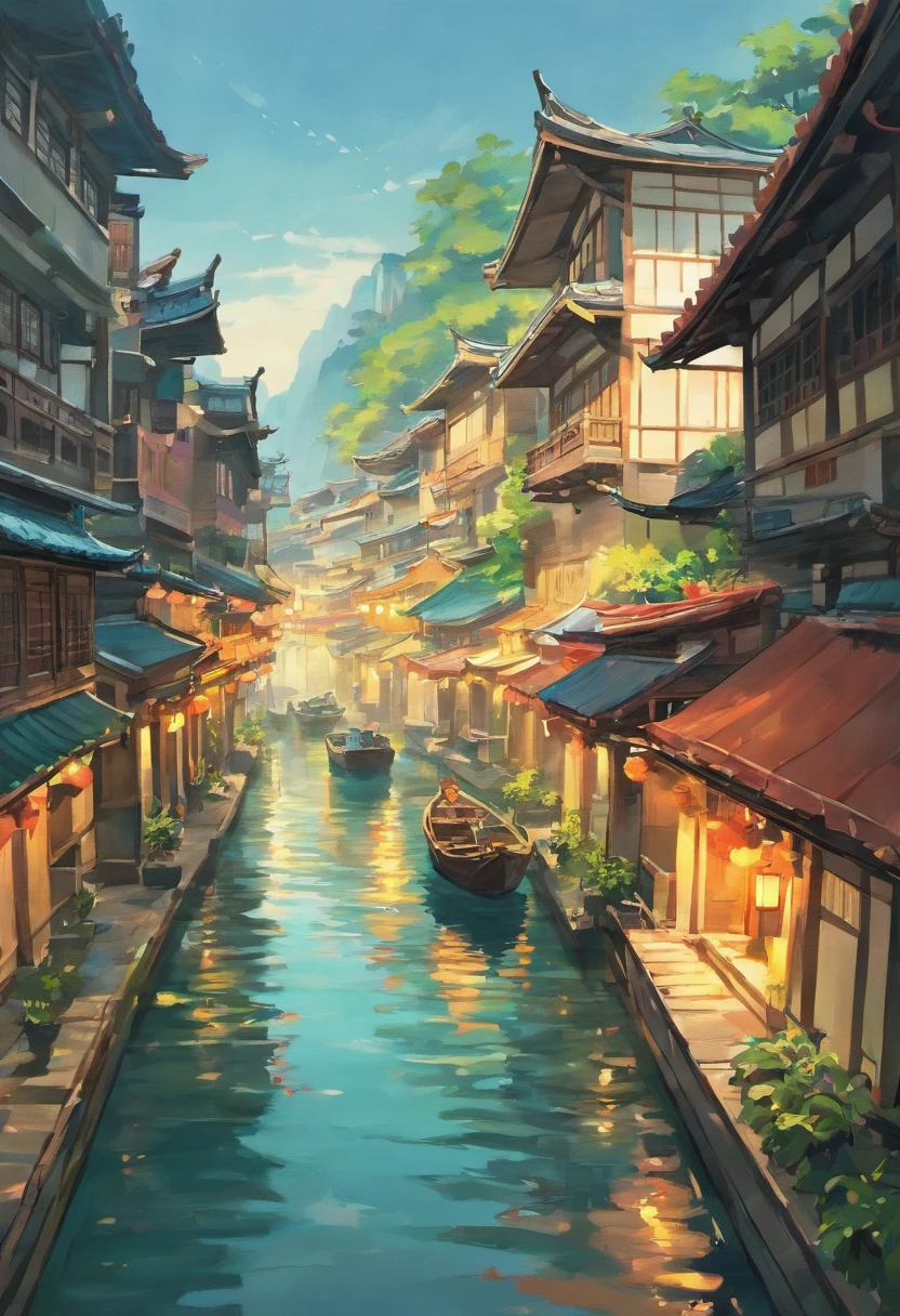 Art graphics, Big fish begonia illustration style,River painting with boats and buildings in the background, Chinese artist, Chinese watercolor painting, old Chinese building, landscape artwork, Chinese watercolor style, Dreamy Chinese town, Chinese Village, Chinese watercolor painting, author:Shen Shizhen meticulously cleans, vector image,