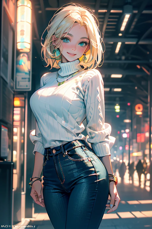 Masterpiece, Best quality, Ultra-detailed, Beautiful lighting, woman, Tight jeans, Blonde hair, (Green eyes:1.3), (White sweater:1.2), Turtleneck, The stands up, In Park, Beautiful scenery, Slight blush, Smiling, (Cute smile:1,1), (Glossy lips:1.1), (Beautiful eyes:1.1), wonderful backround, Closed mouth, Arms_Behind_back, Short hair