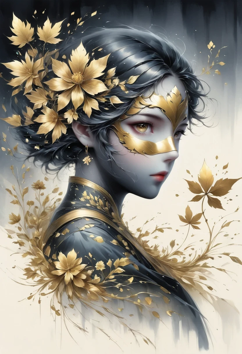 (gold leaf art:1.5)，(Metallic luster:1.45)，Minimalism，(line art:1.6)，sketch，Charcoal drawing，Gold Foil Mask，flower,Illustration in surreal art style，surreal dream，Dubrec style,(multiple exposure：1.8),Dreams of happiness，