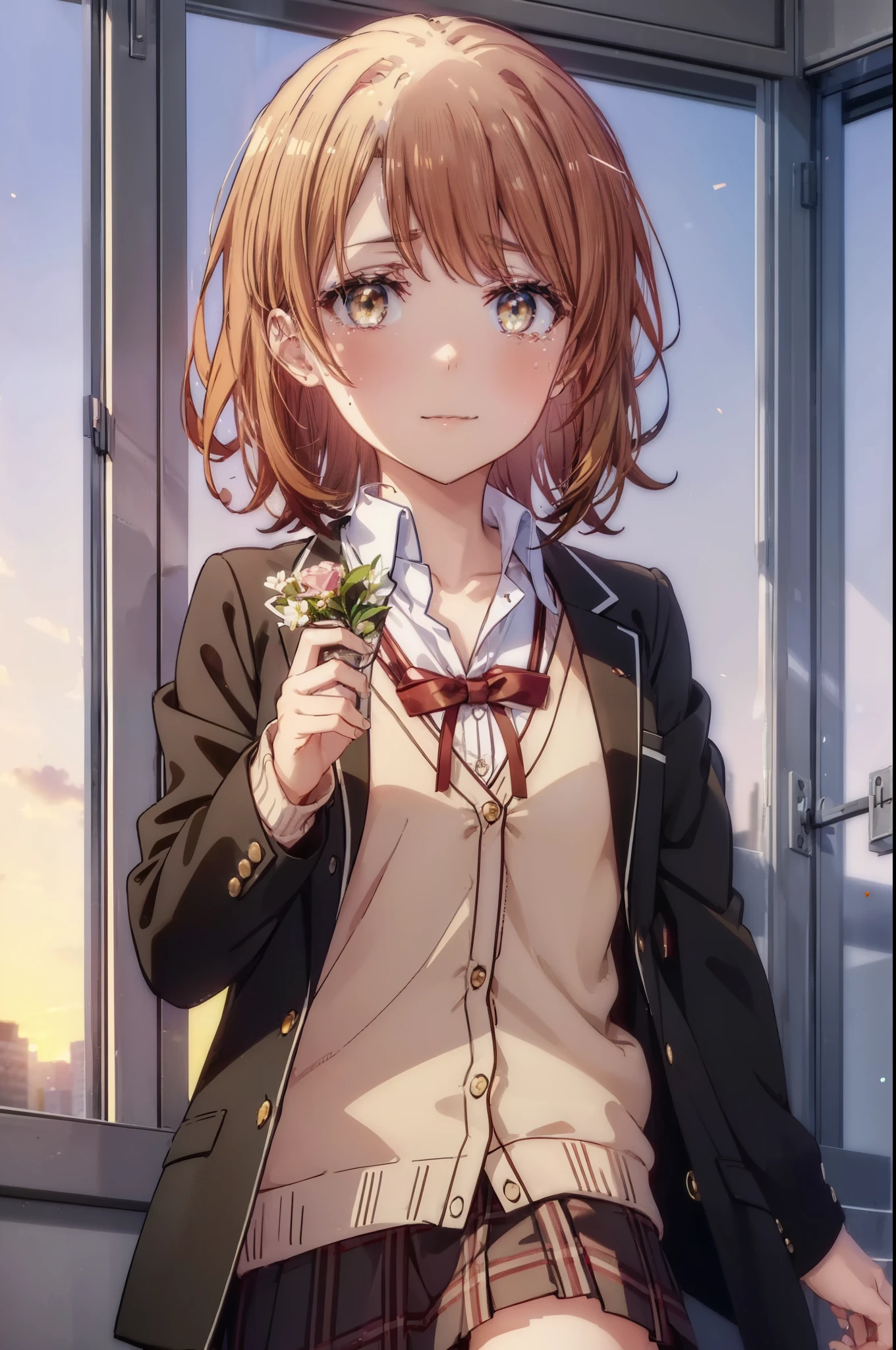 irohaisshiki, Isshiki Iroha, short hair, brown hair, (Brown ruby eyes:1.5), smile,blush,Tears running down her face,Tears of joy、I cry a lot、break skirt, shirt, ribbon, , Jacket, white shirt, open clothes, socks, open Jacket, black Jacket, plaid, knee high, plaid skirt, blazer, cardigan, black socks, pink cardigan,Holding a large bouquet in both hands ,birthday,A birthday cake is on the table,confetti,evening,sunset,The sun is setting,
break indoors,School　classroom ,
break looking at viewer,Upper body,(cowboy shot:1. 3)
break (masterpiece:1.2), highest quality, High resolution, unity 8k wallpaper, (shape:0.8), (beautiful and detailed eyes:1.6), highly detailed face, perfect lighting, Very detailed CG, (perfect hands, perfect anatomy),