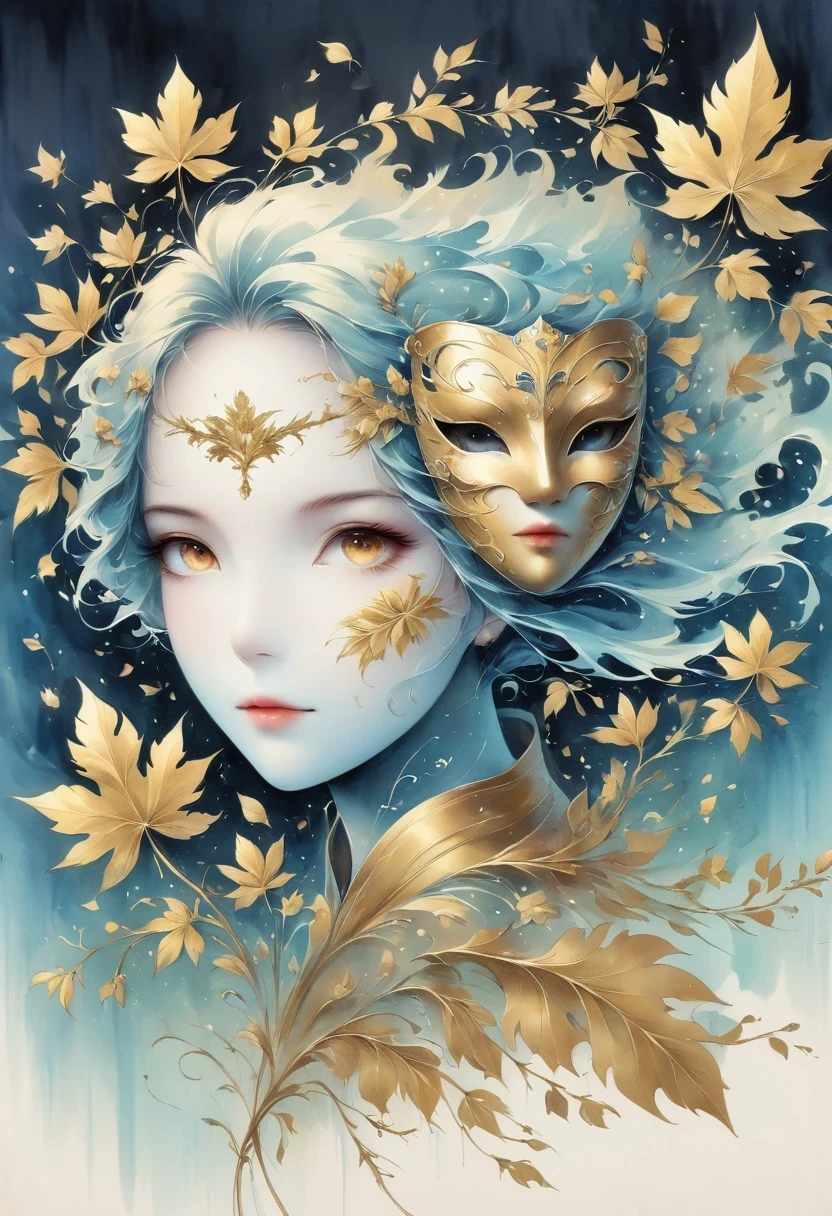 (gold leaf art:1.5),(Metallic luster:1.45),Minimalism,(line art:1.6),sketch,Charcoal drawing,Gold Foil Mask,flower,Illustration in surreal art style,surreal dream,Dubrec style,(multiple exposure:1.8),Dreams of happiness,