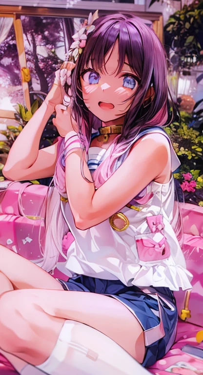 beautiful illustrations, highest quality, (12 year old girl:1.4)、(pretty girl:1.5)、、、flat chest、sailor collar、(White long tunic)、long sleeve sailor suit、Blue-line cuffs、(pink chino shorts:1.4)、(pink shorts with wide opening:1.2)、Gap between thigh and pants、slim thighs、white socks、 cinematic lighting, (pink long hair)、Pink Straight Hair、redness of cheeks、(Braiding of the back of the head)