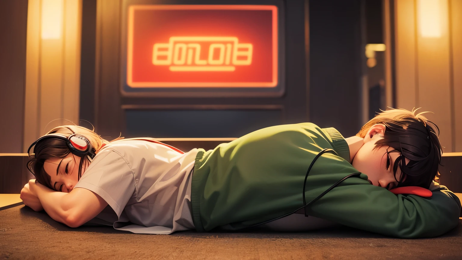 Image illustration in orange neon with an anime Lofi Art. A man sleeps face down on a table with headphones, a computer listening to music.