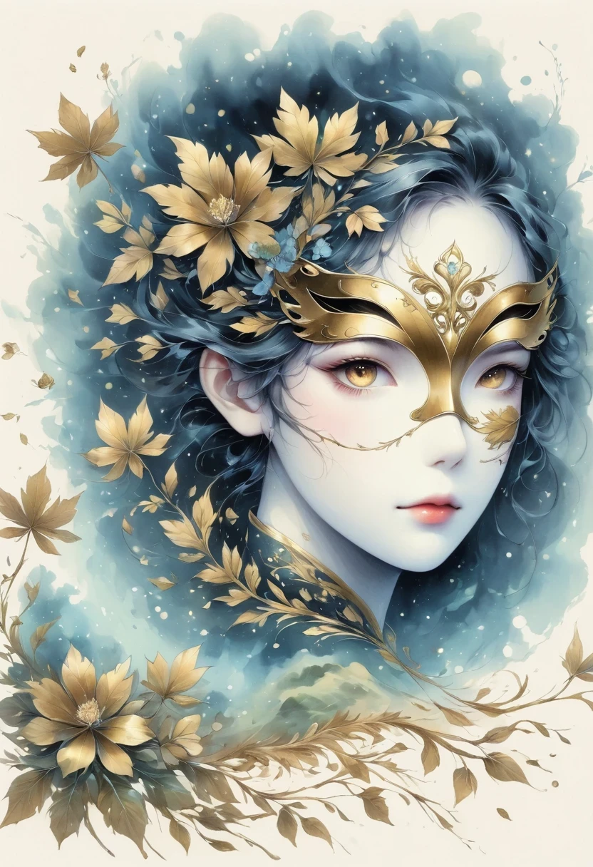 (gold leaf art:1.5),(Metallic luster:1.45),Minimalism,(line art:1.6),sketch,Charcoal drawing,Gold Foil Mask,flower,Illustration in surreal art style,surreal dream,Dubrec style,(multiple exposure:1.8),Dreams of happiness,