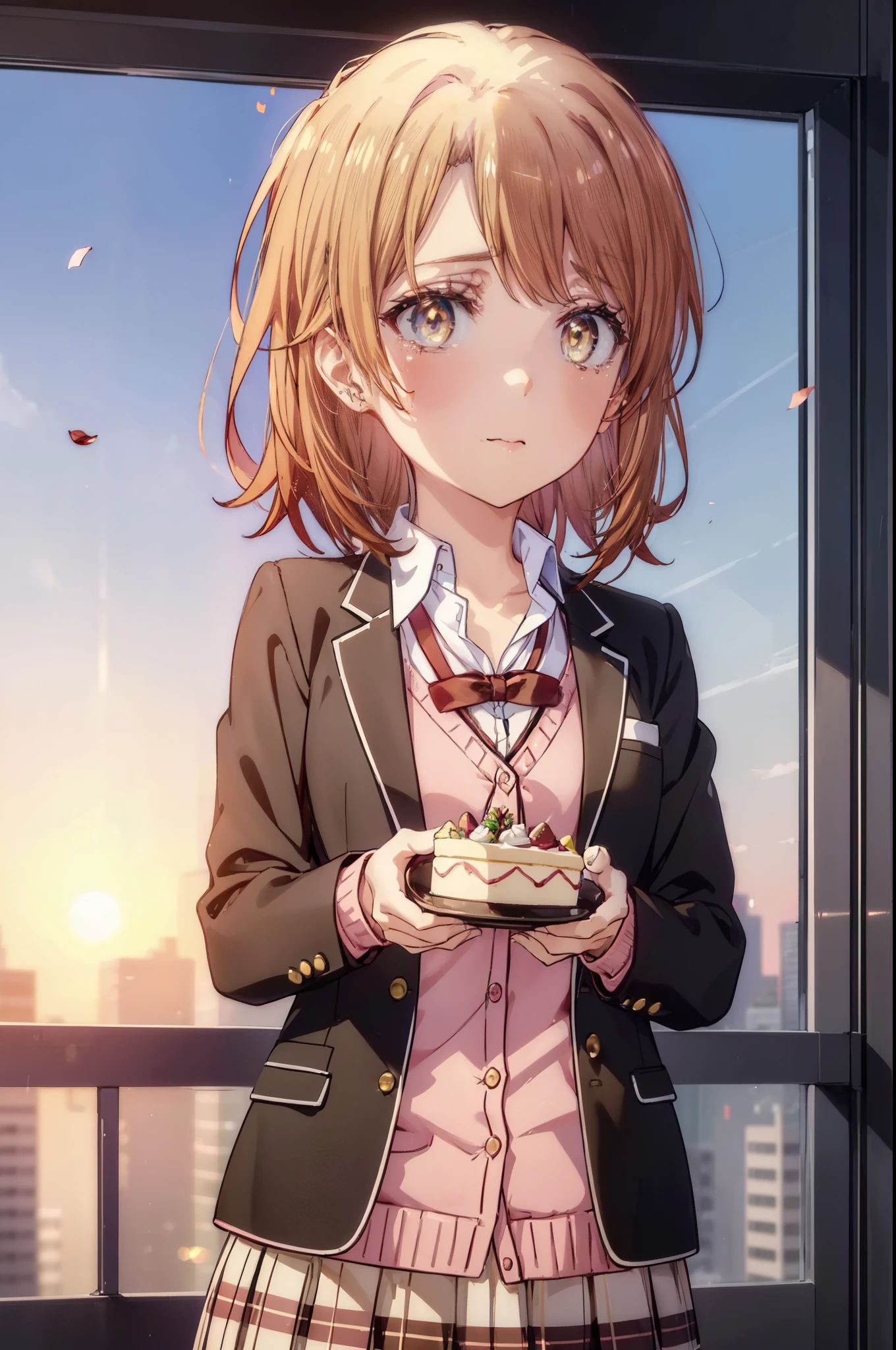 irohaisshiki, Isshiki Iroha, short hair, brown hair, (Brown ruby eyes:1.5), smile,blush,Tears running down her face,Tears of joy、I cry a lot、break skirt, shirt, ribbon, , Jacket, white shirt, open clothes, socks, open Jacket, black Jacket, plaid, knee high, plaid skirt, blazer, cardigan, black socks, pink cardigan,Holding a large bouquet in both hands ,birthday,A birthday cake is on the table,confetti,evening,sunset,The sun is setting,
break indoors,School classroom ,
break looking at viewer,Upper body,(cowboy shot:1. 3)
break (masterpiece:1.2), highest quality, High resolution, unity 8k wallpaper, (shape:0.8), (beautiful and detailed eyes:1.6), highly detailed face, perfect lighting, Very detailed CG, (perfect hands, perfect anatomy),