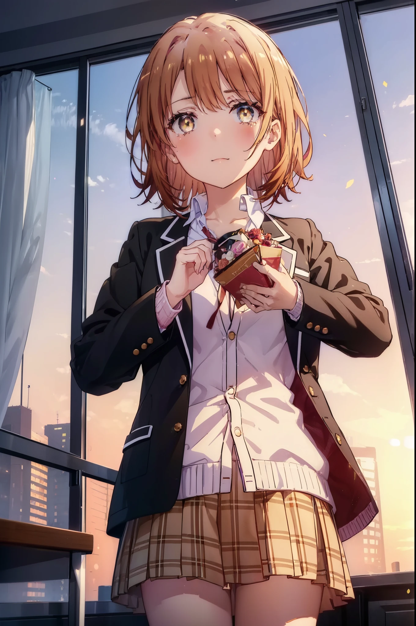 irohaisshiki, Isshiki Iroha, short hair, brown hair, (Brown ruby eyes:1.5), smile,blush,Tears running down her face,Tears of joy、I cry a lot、break skirt, shirt, ribbon, , Jacket, white shirt, open clothes, socks, open Jacket, black Jacket, plaid, knee high, plaid skirt, blazer, cardigan, black socks, pink cardigan,Holding a large bouquet in both hands ,birthday,A birthday cake is on the table,confetti,evening,sunset,The sun is setting,
break indoors,School classroom ,
break looking at viewer,Upper body,(cowboy shot:1. 3)
break (masterpiece:1.2), highest quality, High resolution, unity 8k wallpaper, (shape:0.8), (beautiful and detailed eyes:1.6), highly detailed face, perfect lighting, Very detailed CG, (perfect hands, perfect anatomy),