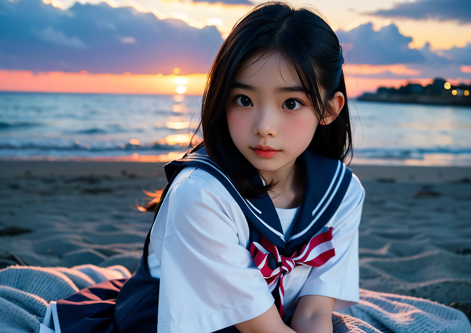 A young girl in a sailor's suit standing by the sea