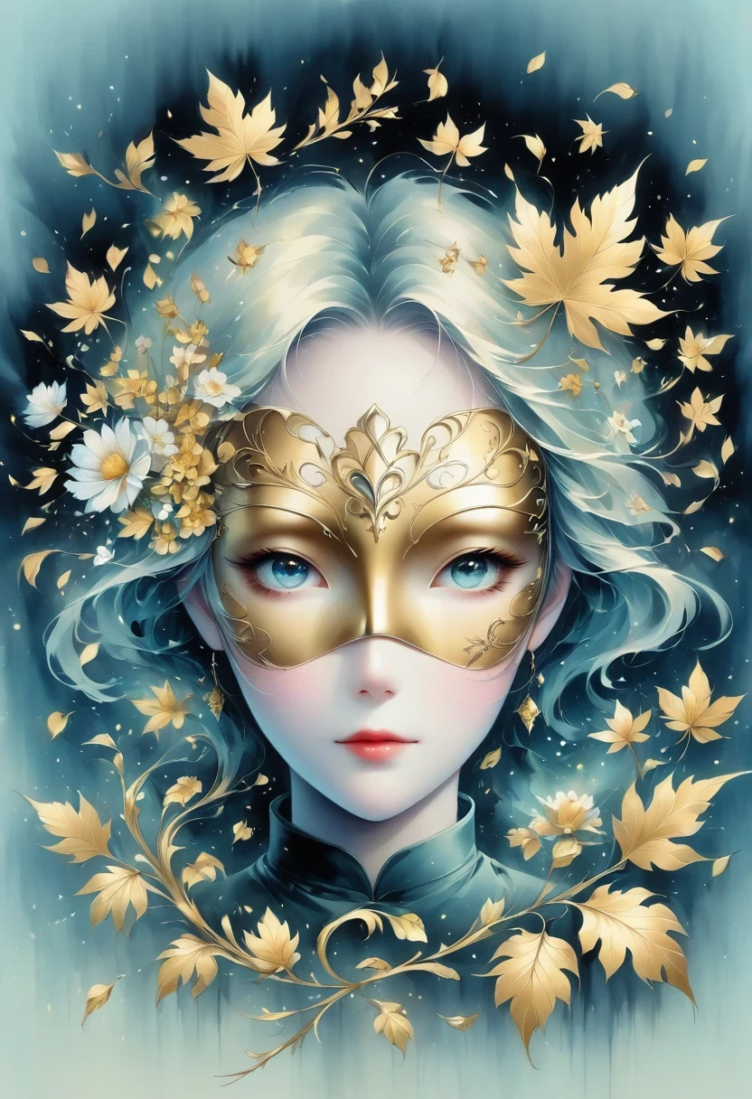 (gold leaf art:1.5),(Metallic luster:1.45),Minimalism,(line art:1.6),sketch,Charcoal drawing,Gold Foil Mask,flower,Illustration in surreal art style,surreal dream,Dubrec style,(multiple exposure:1.8),Dreams of happiness,