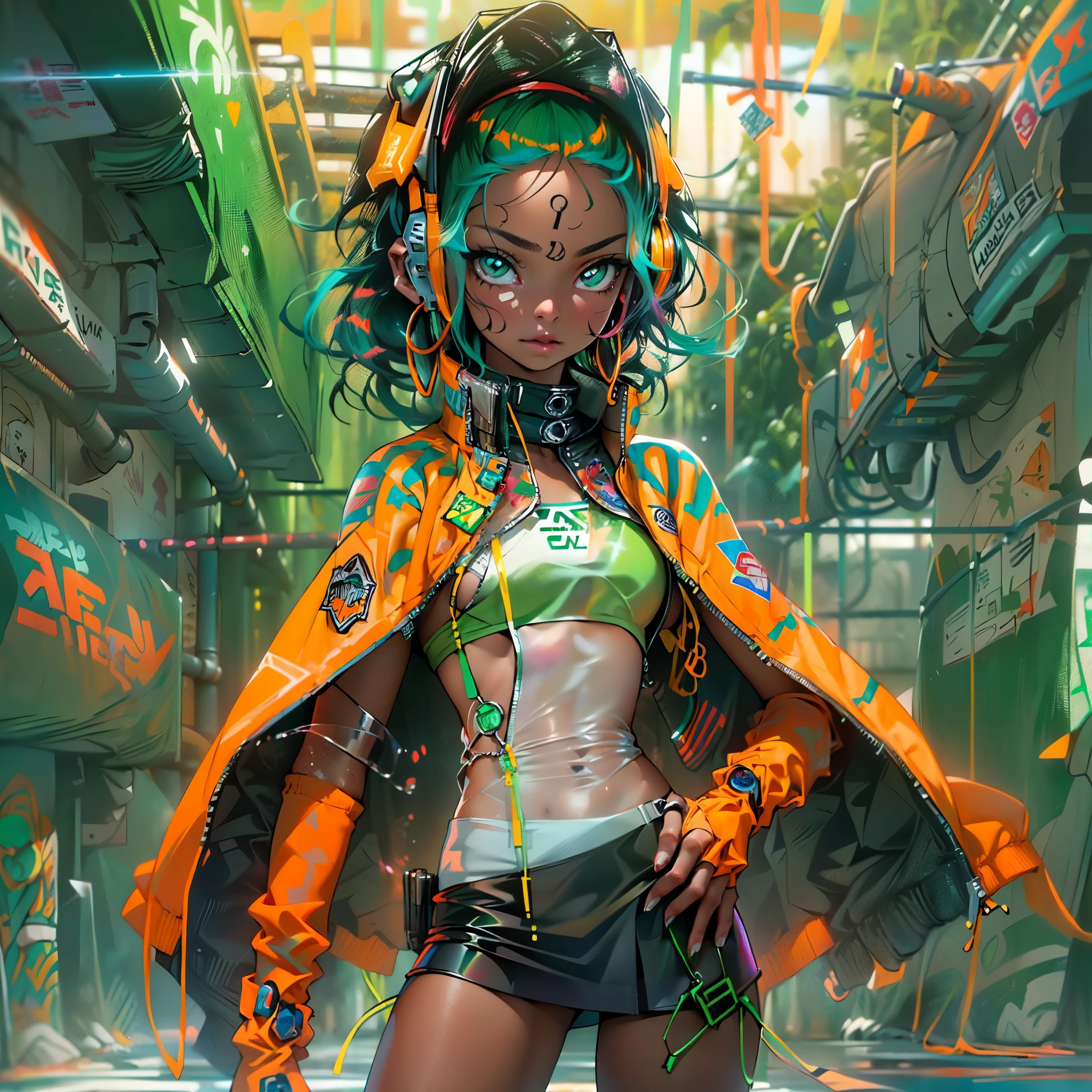 (calidad)), ((obra maestra)),Ariana Grande vestida con chaqueta verde ciborg,dance balet ,(chaqueta student neon verde:1.4), (miniskirt transparente amarillo colegiala ciborg:1.4),(fondo pared de hielo congelado caverna:1.4), cabello largo white canoso, El mejor, obra maestra, high resolution, El mejor Quality, Ultra High Definition, super details, Obras premiadas, 16k,,(Ojos hermosos azules), (pose vaquero) ,(chaqueta transparente verde ciberpunk:1.4), (fondo ciudad de Jupiter star wars:1.4), (chaqueta orange+rojo ciborg:1.4), cabello largo rojo, (perfect anatomy ), (tiene un parche en el ojo de pirata:1.4) ,(cyber cyborg orange red chaqueta) , (mostrando vientre plano), (has transparent plastic clothing:1.4) ,(mostrando panties encaje) ,(Piel negra Africana:1.4) ,( ciberpunk 2.1), (cabello largo yellow neon:1.4), (yellow cyberpunk Bluetooth headphones on the head:1.4),