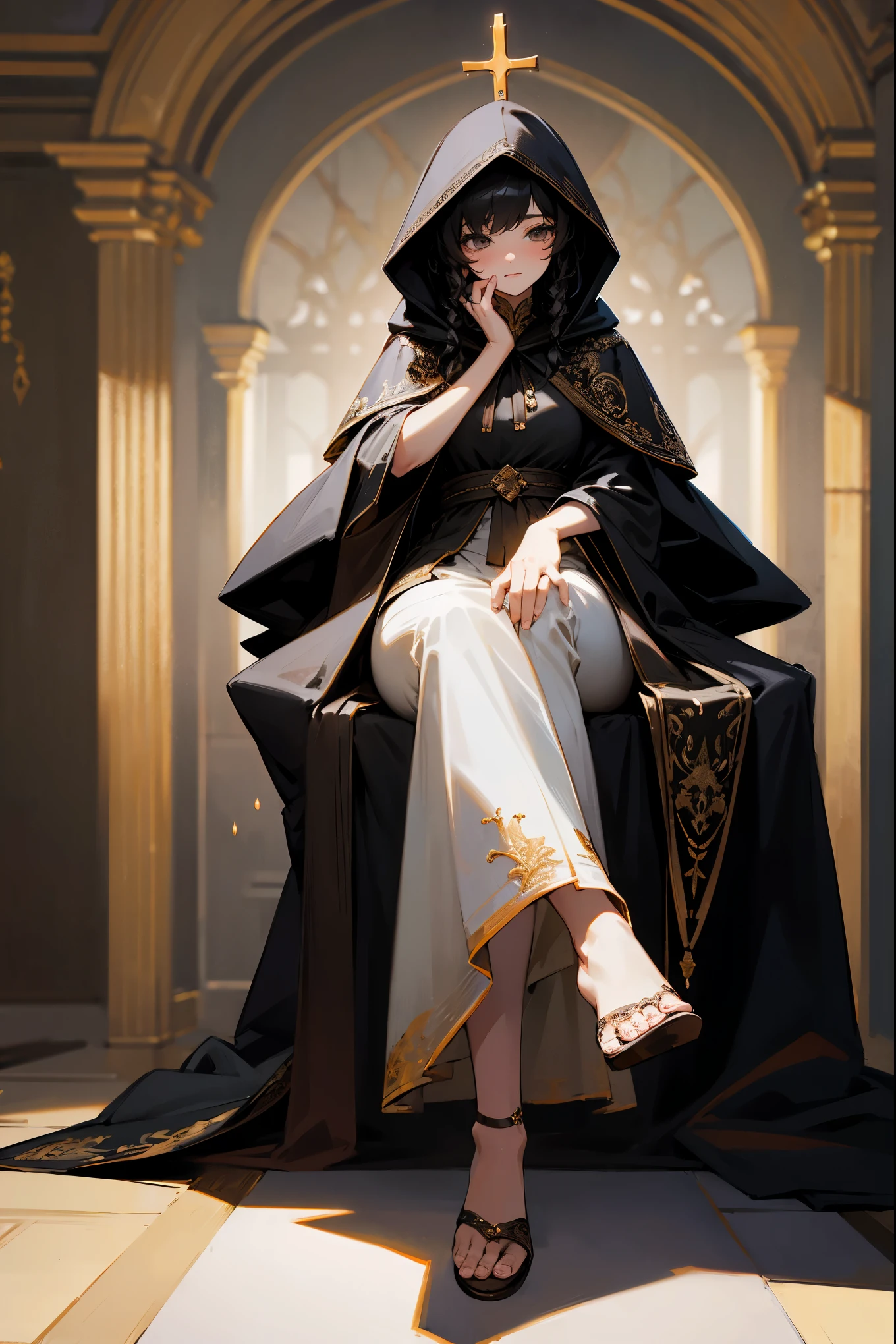 (masterpiece, high quality:1.2),(real picture, intricate details), (1lady, solo,full body),Wearing a black robe with lace，Wearing a black hood，hood covers his eyes，black hair，Slightly curly hair，Beautiful，cold expression，background castle，sit on seat，Cross your feet，Erlang legs