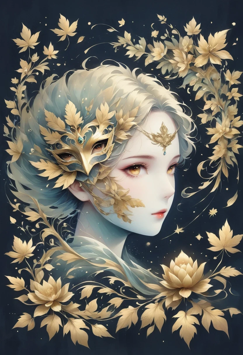 (gold leaf art:1.5),(Metallic luster:1.45),Minimalism,(line art:1.6),sketch,Charcoal drawing,Gold Foil Mask,flower,Illustration in surreal art style,surreal dream,Dubrec style,(multiple exposure:1.8),Dreams of happiness,