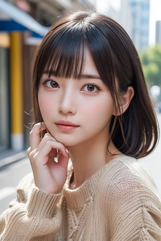 one girl, (a beauty girl, delicate girl:1.3), (15 years old, change:1.3),
break, (Long knit sweater, one piece:1.3),
break, very fine resolution, (symmetrical eyes:1.3),
break, (street snap:1.3), (index finger in front of you, wink, close one eye:1.3), perfectly trimmed fingers,
break, small breasts, brown eyes, parted bangs, brown hair,  girl,
break, (Eye and face details:1.0),
break, (masterpiece, highest quality, super detailed, detailed face, 8K)、perfect anatomy