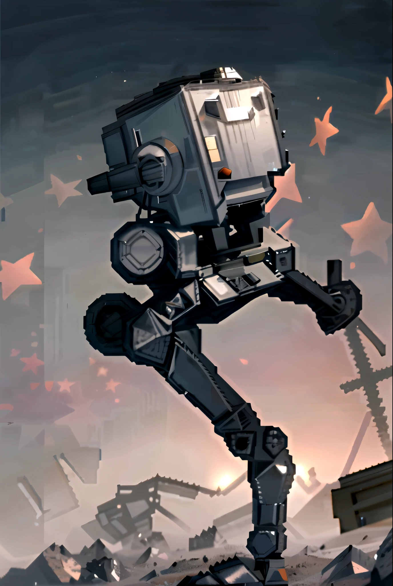  photo of a Star Wars ((AT-ST robot, )), walkin High Detail, Sharp focus, ((photorealism:1.2)), realistic, best quality, 8k, award winning, dramatic lighting, epic, cinematic, masterpiece, dutch angle, sports photography, ambient fog:1.3, volumetric lights, simple background solid  outline