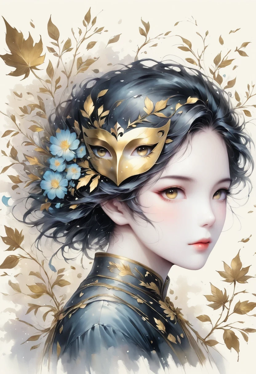 (gold leaf art:1.5)，(Metallic luster:1.45)，Minimalism，(line art:1.6)，sketch，Charcoal drawing，Gold Foil Mask，flower,Illustration in surreal art style，surreal dream，Dubrec style,(multiple exposure：1.8),Dreams of happiness，
