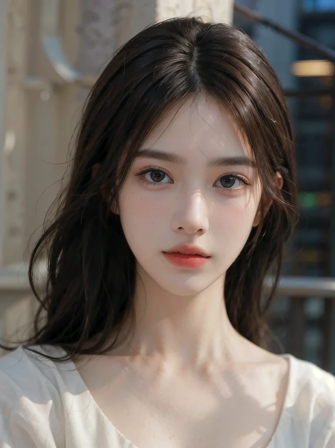 1girl, (looking at viewer:1.2), detail face, (a girl standing, rending on cgsociety, black shadows, streaming, new york backdrop), romanticism, atmospheric, (RAW photo, best quality), (realistic, photo-realistic:1.3), masterpiece, an extremely delicate and beautiful, extremely detailed,