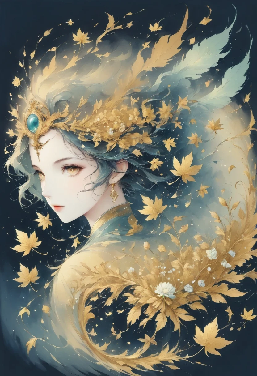 (gold leaf art:1.5),(Metallic luster:1.45),Minimalism,(line art:1.6),sketch,Charcoal drawing,Gold Foil Mask,flower,Illustration in surreal art style,surreal dream,Dubrec style,(multiple exposure:1.8),Dreams of happiness,