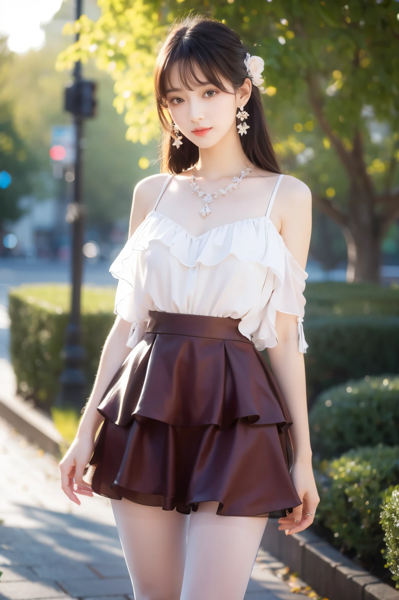 Realism: 1.3, masterpiece, highest quality, high resolution, details: 1.2, 1 girl, hair clip, beautiful face, delicate eyes, tassel earrings, necklace, ribbon, elegant standing posture, aesthetics, movie lighting, ray tracing, depth of field, layering, fluttering, chiffon skirt, full body, pantyhose, outdoor