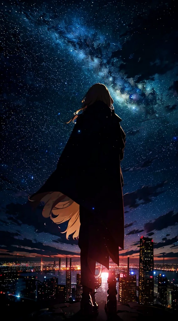 １people,blonde long hair，long coat，silhouette， Rear view，Space Sky, milky way, anime style, Night view of the city from the mountainside，