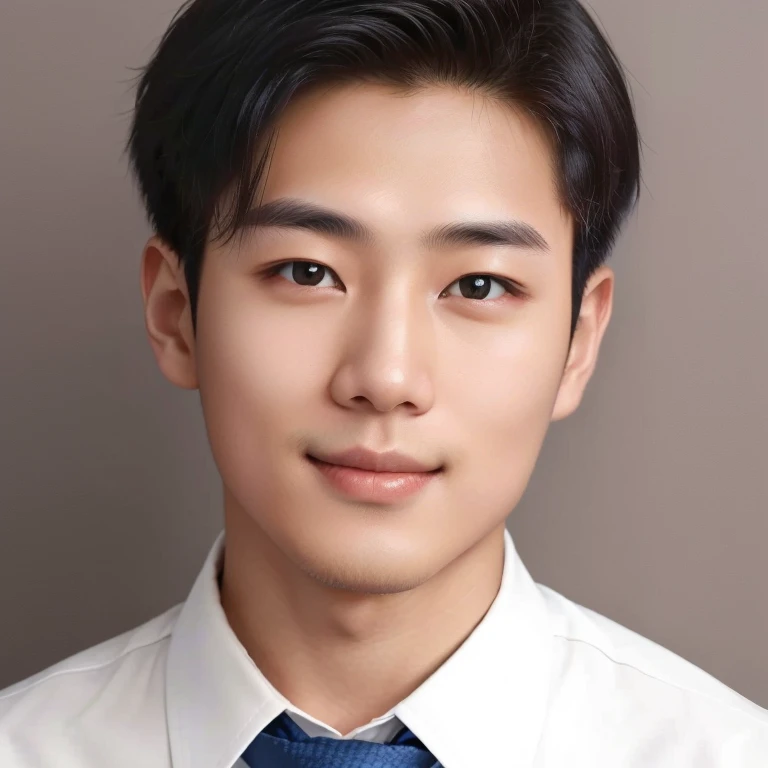 masterpiece.best quality.Young Asian man wearing white shirt and dark blue tie smiling.The corners of the mouth are elongated and slightly raised.Teethless,No double eyelids.The bridge of the nose is thin and straight on both sides.Artistic temperament,Headshot