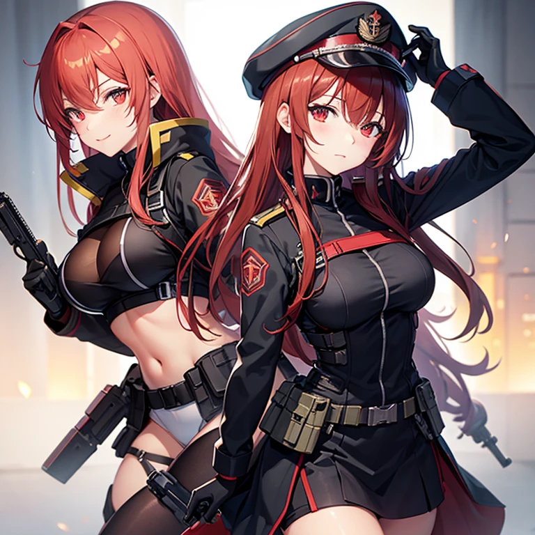 nsfw, anime screencap, 16K, perfect anatomy proportion body, perfect hands, action, A dynamic composition with a sense of speed and movement, (Hold an assault rifle:1.6), a wife, 40age, perfect beautiful delicate sexy face, perfect beautiful delicate slanted red eyes, red hair, swept bangs pixie cut, medium breasts, abs, Heavy armored steam-powered suit with intricate chainmail, Many robot soldiers having a gunfight in the background, Flying bullets, Desert Battlefield, war, Post-apocalyptic,