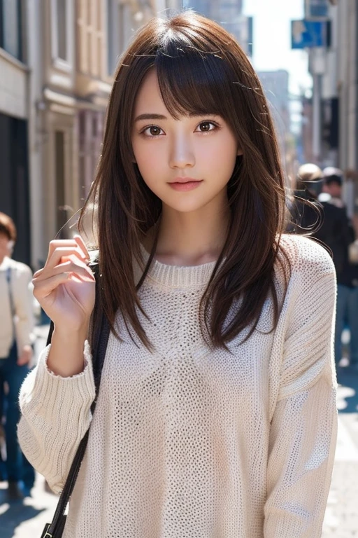 one girl, (a beauty girl, delicate girl:1.3), (15 years old, change:1.3),
break, (Long knit sweater, one piece:1.3),
break, very fine resolution, (symmetrical eyes:1.3),
break, (street snap:1.3), (index finger in front of you, wink, close one eye:1.3), perfectly trimmed fingers,
break, small breasts, brown eyes, parted bangs, brown hair,  girl,
break, (Eye and face details:1.0),
break, (masterpiece, highest quality, super detailed, detailed face, 8K)、perfect anatomy