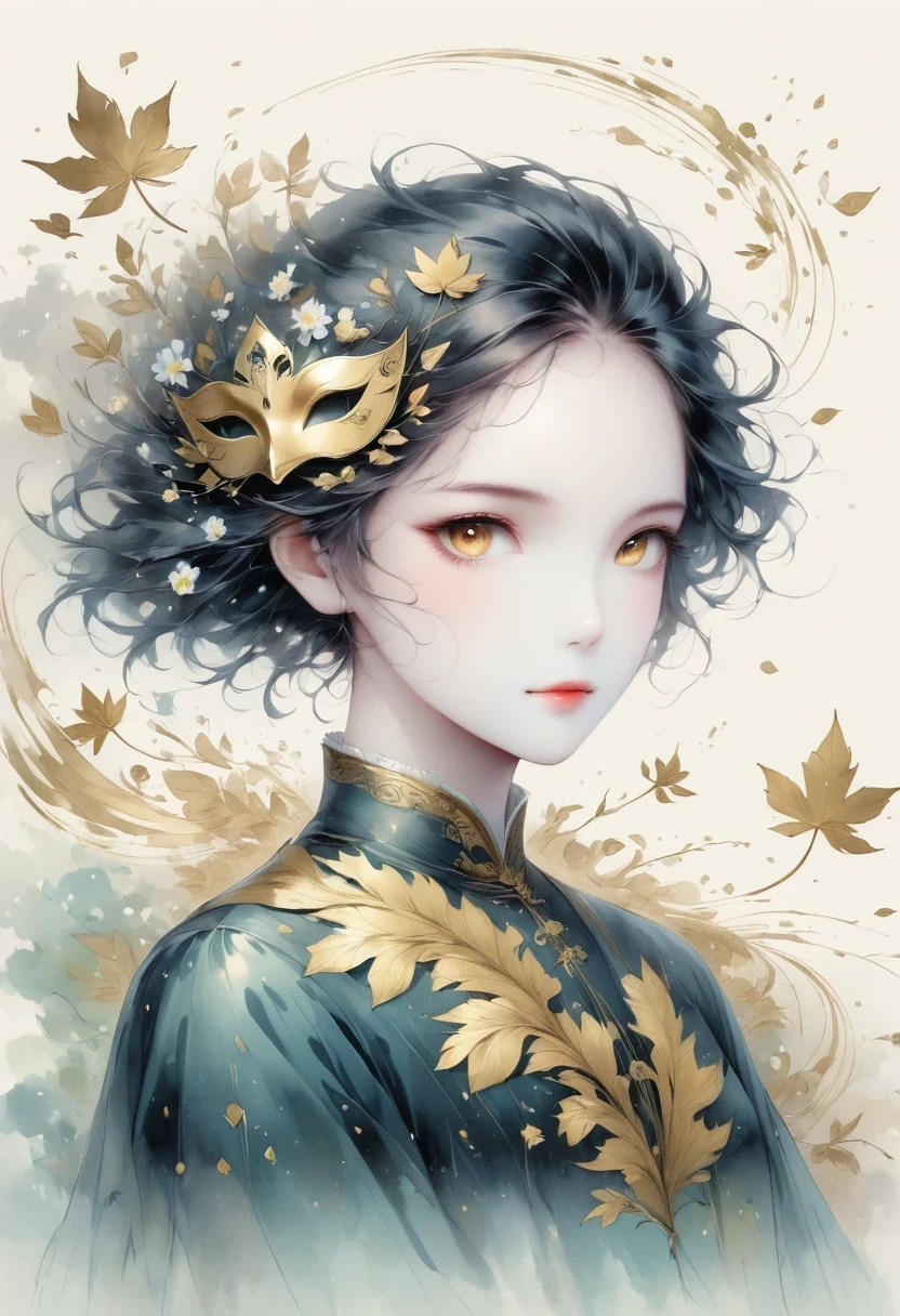 (gold leaf art:1.5),(Metallic luster:1.45),Minimalism,(line art:1.6),sketch,Charcoal drawing,Gold Foil Mask,flower,Illustration in surreal art style,surreal dream,Dubrec style,(multiple exposure:1.8),Dreams of happiness,