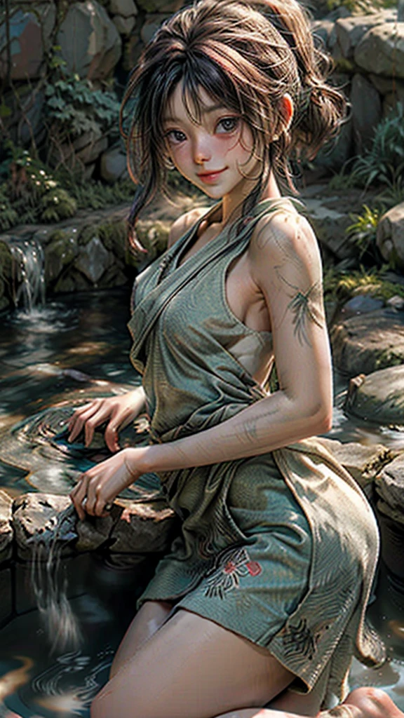 highest quality, masterpiece, ultra high resolution, (realistic:1.4), (close portrait) RAW photo, 1 girl, 22 years ago,((Private open-air bath)),((wrapping a bath towel around one's body)),((Milky water)),(((Steaming hot springs))),((My face is burning from the heat))masterpiece, realistic japanese pictures, saturation, contrast, Pocari Sweat Advertisement ((small breasts)),((smile showing teeth)),I'm putting a towel on my head,brown hair,
