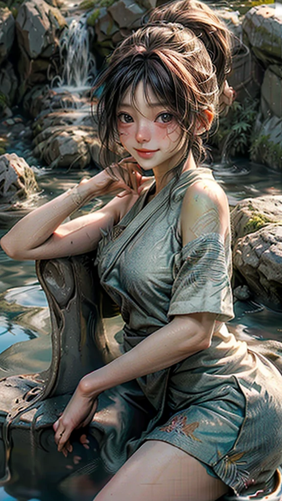 highest quality, masterpiece, ultra high resolution, (realistic:1.4), (close portrait) RAW photo, 1 girl, 22 years ago,((Private open-air bath)),((wrapping a bath towel around one's body)),((Milky water)),(((Steaming hot springs))),((My face is burning from the heat))masterpiece, realistic japanese pictures, saturation, contrast, Pocari Sweat Advertisement ((small breasts)),((smile showing teeth)),I'm putting a towel on my head,brown hair,