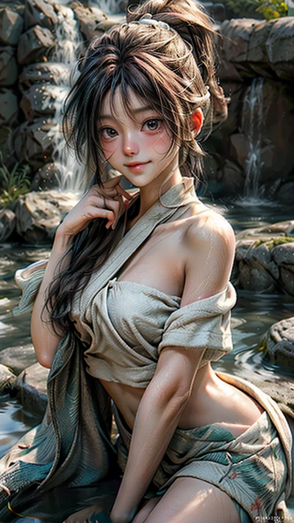 highest quality, masterpiece, ultra high resolution, (realistic:1.4), (close portrait) RAW photo, 1 girl, 22 years ago,((Private open-air bath)),((wrapping a bath towel around one&#39;s body)),((Milky water)),(((Steaming hot springs))),((My face is burning from the heat))masterpiece, realistic japanese pictures, saturation, contrast, Pocari Sweat Advertisement ((small breasts)),((smile showing teeth)),I&#39;m putting a towel on my head,brown hair,