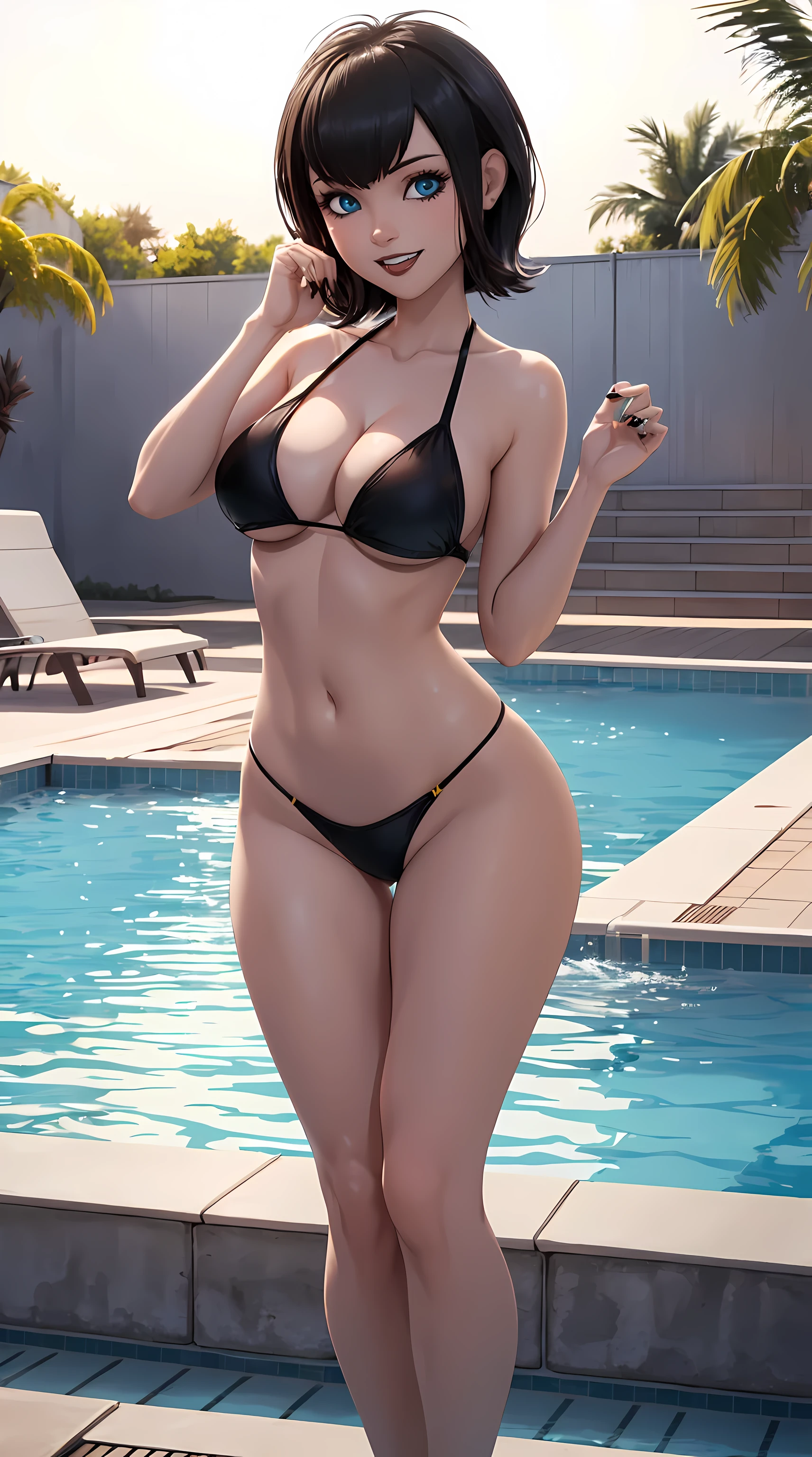 Beautiful short black hair woman is shown to have a slender figure, pale skin, she is wearing a nsfw bikini, cute look, blue eyes, vampire teeth, girl standing by the pool sexy session, sexy pose, exposed cleavage, cowboy shot, superior quality, many details, realistic