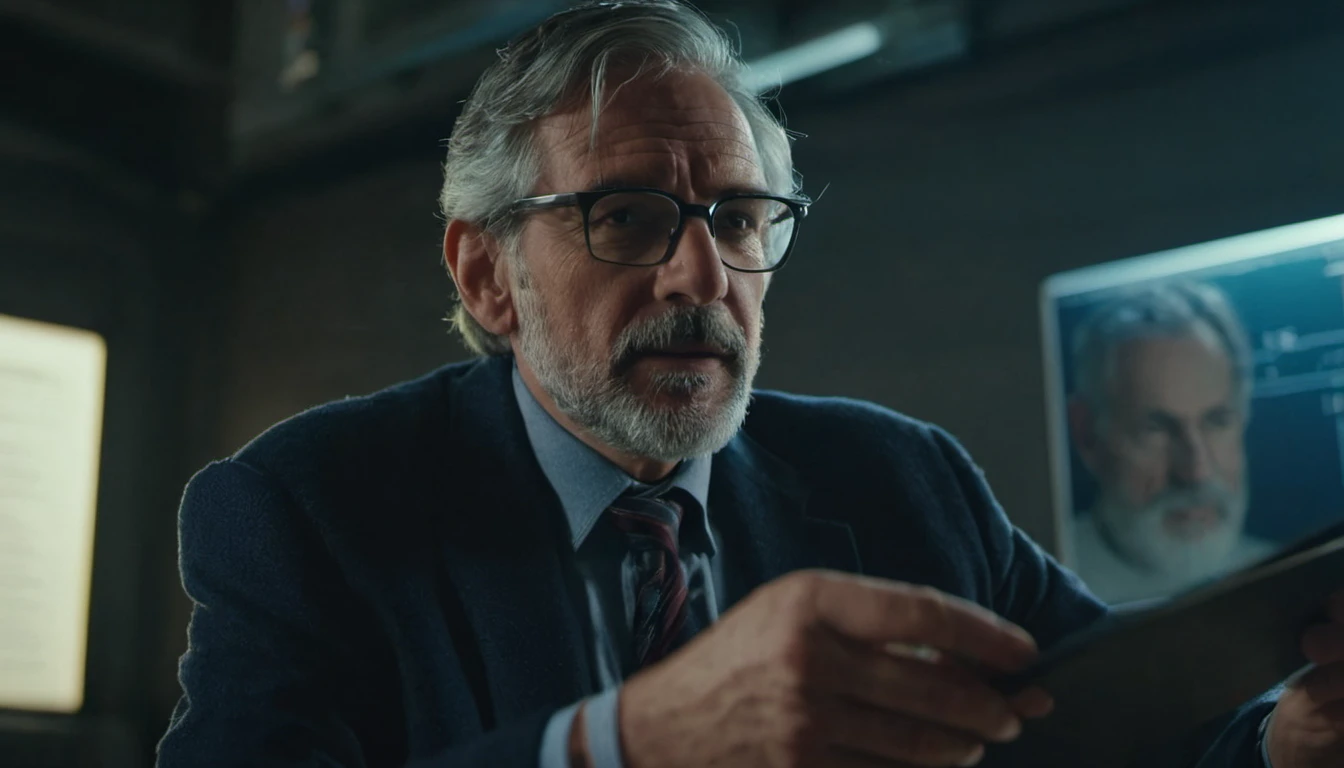 A close-up photograph of a physics professor giving his class, graying hair. Movie Scene, Cinematic, 4K, Cool Lights, High Quality 