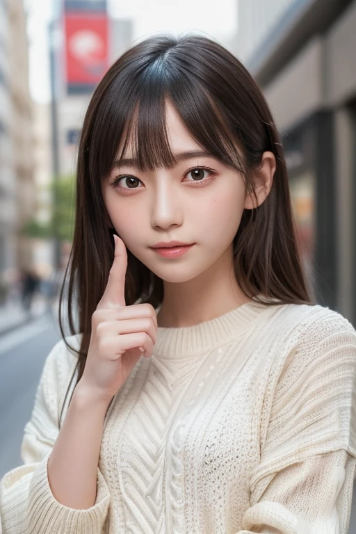 one girl, (a beauty girl, delicate girl:1.3), (15 years old, change:1.3),
break, (Long knit sweater, one piece:1.3),
break, very fine resolution, (symmetrical eyes:1.3),
break, (street snap:1.3), (index finger in front of you, wink, close one eye:1.3), perfectly trimmed fingers,
break, small breasts, brown eyes, parted bangs, brown hair,  girl,
break, (Eye and face details:1.0),
break, (masterpiece, highest quality, super detailed, detailed face, 8K)、perfect anatomy