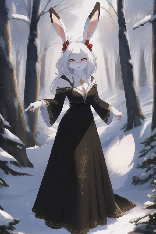 (masterpiece, best quality),  intricate details, 8k, artstation, wallpaper, official art, splash art, sharp focus,
(anthro rabbit girl, rabbit ears:1.2),, (1girl), full body fur, white fur,  white rabbit ears, white hair, red eyes, 
mage, arcane ritual, snowy forest, trees,  [ballgown|DRK_Glam], black gown,